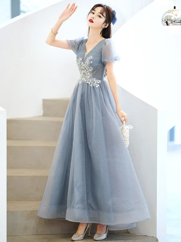 Chic / Belle Bleu Ciel Perlage Paillettes Robe De Bal 2022 Princesse V-Cou Manches Courtes Dos Nu Longue Robe De Ceremonie