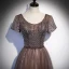 Chic / Beautiful Brown Beading Sequins Prom Dresses 2022 A-Line / Princess Scoop Neck Short Sleeve Backless Floor-Length / Long Formal Dresses