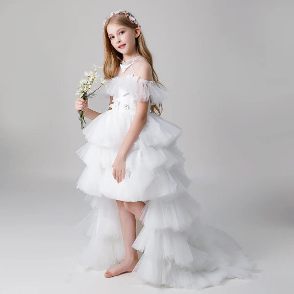 Fashion White Butterfly Appliques Rhinestone Cascading Ruffles Birthday Flower Girl Dresses 2022 Ball Gown High Neck Short Sleeve Floor-Length / Long Flower Girl Dresses