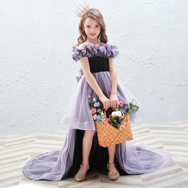 Chic / Beautiful Lavender Sequins Birthday Flower Girl Dresses 2022 A-Line / Princess Scoop Neck Ruffle Short Sleeve Court Train Flower Girl Dresses