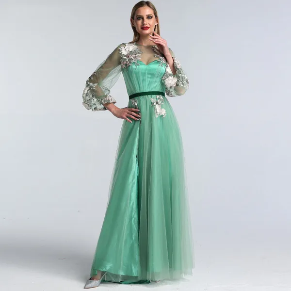 Flower Fairy Sage Green Prom Dresses 2022 A-Line / Princess Scoop Neck Lace Flower Long Sleeve Floor-Length / Long Formal Dresses