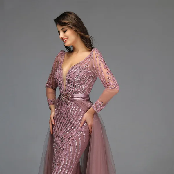 Haut de Gamme Rose Sombre Perlage Paillettes Robe De Soirée 2022 Trompette / Sirène Col v profond Ceinture Manches Longues Dos Nu Longue Soirée Robe De Ceremonie