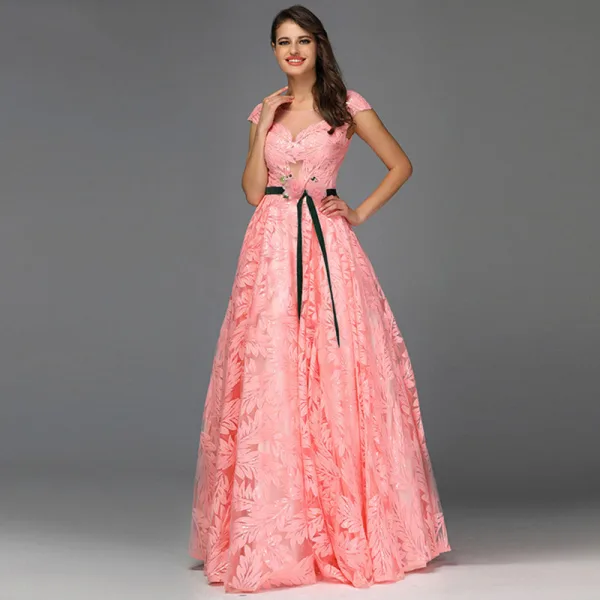 Chic / Beautiful Candy Pink Leaf Lace Prom Dresses 2022 A-Line / Princess Scoop Neck Sleeveless Floor-Length / Long Formal Dresses