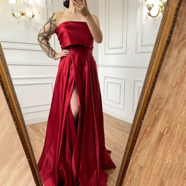 High-end Burgundy Satin Prom Dresses 2022 A-Line / Princess One-Shoulder Beading Rhinestone Sequins Long Sleeve Backless Split Front Floor-Length / Long Formal Dresses