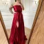 High-end Burgundy Satin Prom Dresses 2022 A-Line / Princess One-Shoulder Beading Rhinestone Sequins Long Sleeve Backless Split Front Floor-Length / Long Formal Dresses