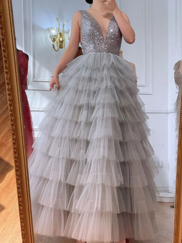 Charming Grey Beading Sequins Pleated Prom Dresses 2022 A-Line / Princess Scoop Neck Sleeveless Backless Floor-Length / Long Formal Dresses