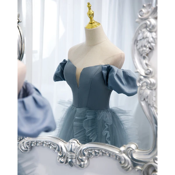Chic / Beautiful Pool Blue Prom Dresses 2022 Ball Gown Off-The-Shoulder Puffy Short Sleeve Backless Floor-Length / Long Formal Dresses