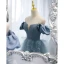 Chic / Beautiful Pool Blue Prom Dresses 2022 Ball Gown Off-The-Shoulder Puffy Short Sleeve Backless Floor-Length / Long Formal Dresses
