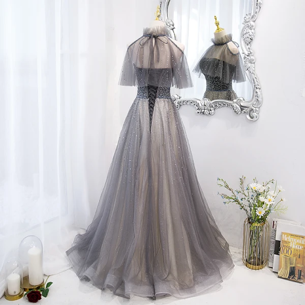 Charming Grey Prom Dresses 2022 A-Line / Princess High Neck Beading Rhinestone Sleeveless Backless Floor-Length / Long Formal Dresses