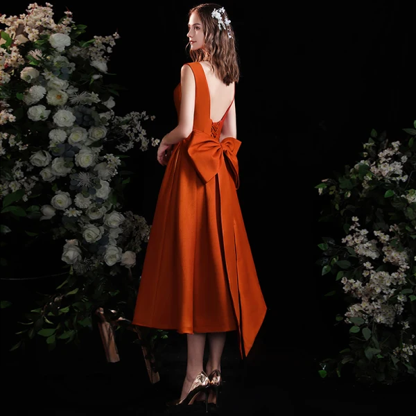 Fashion Orange Homecoming Satin Graduation Dresses 2021 A-Line / Princess  Square Neckline Sleeveless Backless Bow Tea-