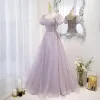 Chic / Beautiful Lavender Beading Sequins Prom Dresses 2022 A-Line / Princess Square Neckline Puffy Short Sleeve Backless Floor-Length / Long Formal Dresses