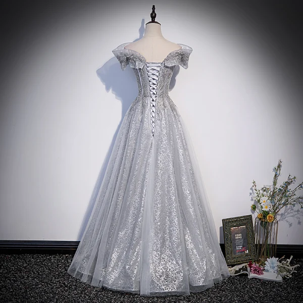Sparkly Grey Beading Pearl Sequins Prom Dresses 2022 A-Line / Princess Off-The-Shoulder Short Sleeve Backless Floor-Length / Long Formal Dresses