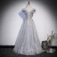 Sparkly Grey Beading Pearl Sequins Prom Dresses 2022 A-Line / Princess Off-The-Shoulder Short Sleeve Backless Floor-Length / Long Formal Dresses