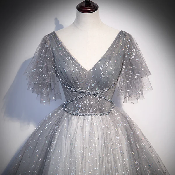 Charmant Gris Perlage Paillettes Robe De Bal Princesse 2022 V-Cou Manches Courtes Dos Nu Longue Robe De Ceremonie