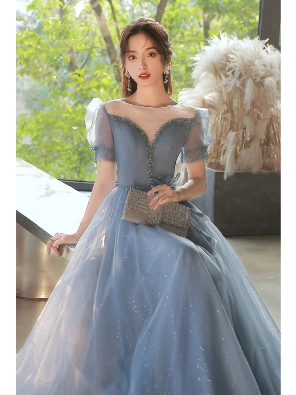 Charmant Bleu Ciel Glitter Faux Diamant Paillettes Robe De Bal 2022 Princesse Encolure Dégagée Manches Courtes Dos Nu Ceinture Longue Robe De Ceremonie