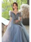 Charmant Bleu Ciel Glitter Faux Diamant Paillettes Robe De Bal 2022 Princesse Encolure Dégagée Manches Courtes Dos Nu Ceinture Longue Robe De Ceremonie