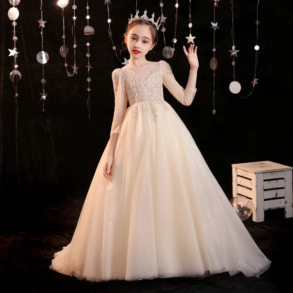 Chic / Beautiful Champagne Beading Sequins Birthday Flower Girl Dresses 2022 Ball Gown Scoop Neck 3/4 Sleeve Sweep Train Flower Girl Dresses
