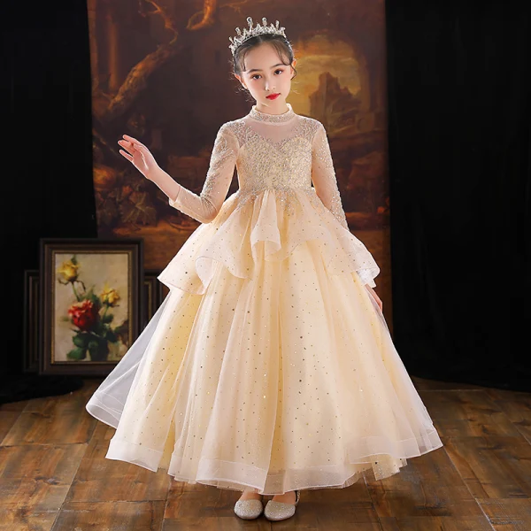 Chic / Beautiful Champagne Cascading Ruffles Birthday Flower Girl Dresses 2022 Ball Gown High Neck Beading Sequins Long Sleeve Backless Floor-Length / Long Flower Girl Dresses