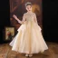 Chic / Beautiful Champagne Cascading Ruffles Birthday Flower Girl Dresses 2022 Ball Gown High Neck Beading Sequins Long Sleeve Backless Floor-Length / Long Flower Girl Dresses