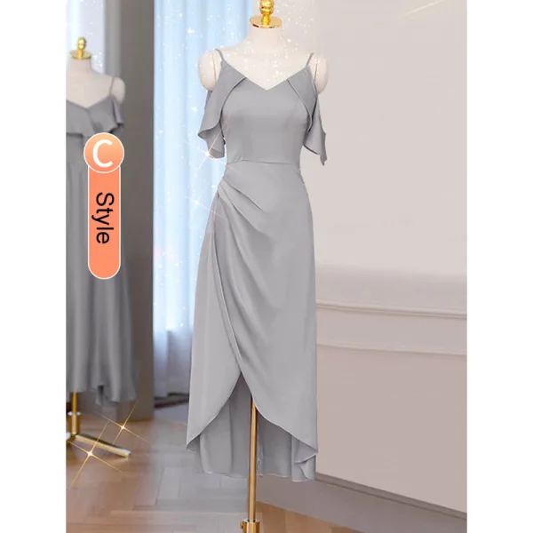 Modest / Simple Grey Satin Bridesmaid Dresses 2021 A-Line / Princess Spaghetti Straps Short Sleeve Backless Tea-length Wedding Party Dresses