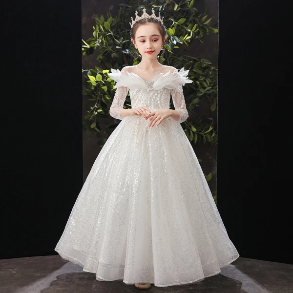 Chic / Beautiful White Birthday Flower Girl Dresses 2022 Ball Gown Scoop Neck Beading Sequins Lace Flower 3/4 Sleeve Floor-Length / Long Flower Girl Dresses