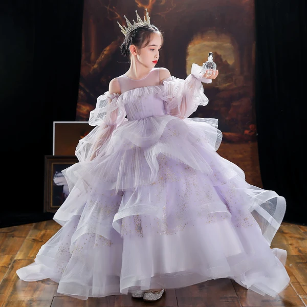 Fashion Lavender Sequins Cascading Ruffles Birthday Flower Girl Dresses 2022 Ball Gown Scoop Neck Puffy Long Sleeve Floor-Length / Long Flower Girl Dresses