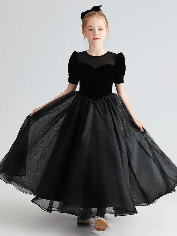 Audrey Hepburn Style Black Suede Birthday Flower Girl Dresses 2022 A-Line / Princess Scoop Neck Short Sleeve Floor-Length / Long Bow Flower Girl Dresses