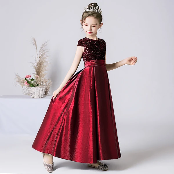 Chic / Beautiful Navy Blue Satin Sequins Birthday Flower Girl Dresses 2022 A-Line / Princess Scoop Neck Short Sleeve Bow Floor-Length / Long Flower Girl Dresses