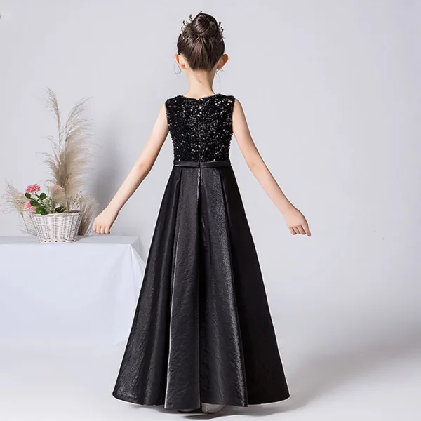 Chic / Beautiful Black Sequins Satin Birthday Flower Girl Dresses 2022 A-Line / Princess Scoop Neck Sleeveless Sash Floor-Length / Long Flower Girl Dresses
