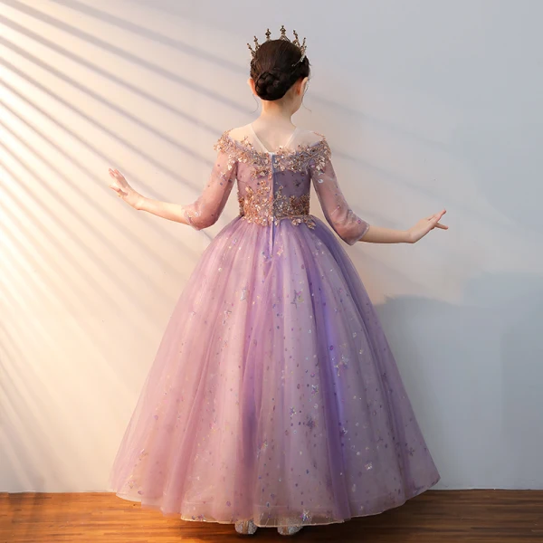 Chic / Beautiful Lilac Beading Sequins Birthday Flower Girl Dresses 2022 A-Line / Princess Scoop Neck 1/2 Sleeves Backless Floor-Length / Long Flower Girl Dresses