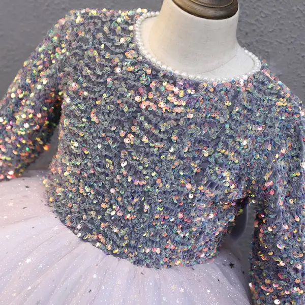 Sparkly Grey Sequins Birthday Flower Girl Dresses 2022 Ball Gown Scoop Neck Long Sleeve Bow Floor-Length / Long Flower Girl Dresses