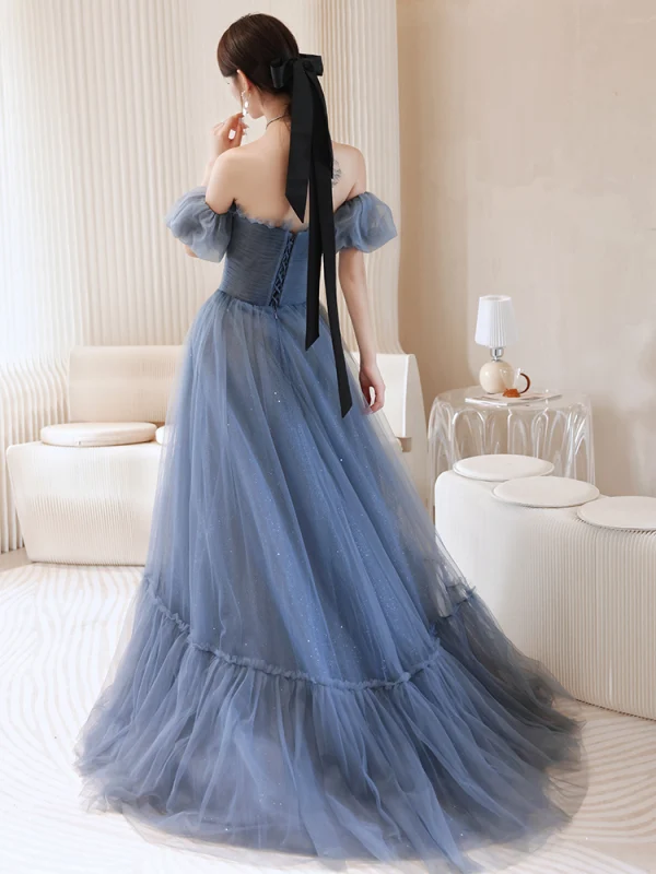Schöne Blau Ballkleider 2021 A Linie Off Shoulder Geschwollenes Kurze Ärmel Rückenfreies Sweep / Pinsel Zug Festliche Kleider