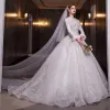 Muslimsk Glittrande Charmig Vita Beading Pärla Rhinestone Paljetter Vinter Bröllopsklänningar 2022 Balklänning Urringning Långärmad Royal Train Bröllop