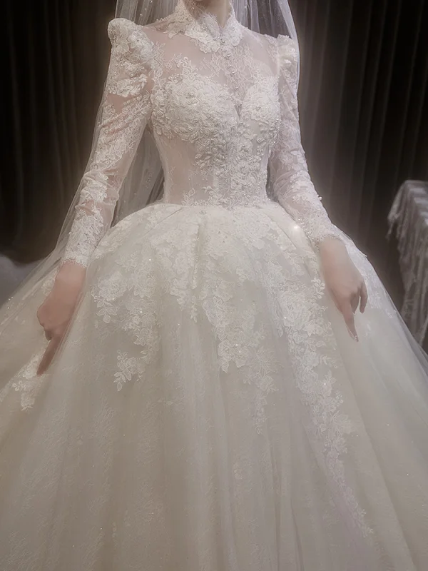 High-end White Beading Pearl Lace Flower Wedding Dresses 2022 Ball Gown High Neck Long Sleeve Backless Floor-Length / Long Wedding