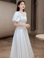 Modest / Simple White Homecoming Graduation Dresses 2022 A-Line / Princess Satin V-Neck Puffy Short Sleeve Pearl Tea-length Formal Dresses