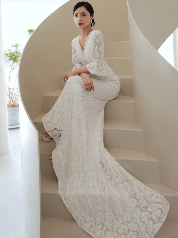 Sexy White Lace Flower Evening Dresses 2022 Trumpet / Mermaid V-Neck 1/2 Sleeves Backless Floor-Length / Long Evening Party Formal Dresses