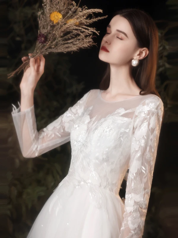 Chic / Beautiful White Lace Flower Prom Dresses 2022 A-Line / Princess Scoop Neck Long Sleeve Backless Floor-Length / Long Formal Dresses
