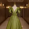 Elegant Clover Green Prom Dresses 2022 A-Line / Princess V-Neck Puffy Short Sleeve Backless Bow Floor-Length / Long Formal Dresses