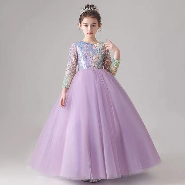 Chic / Beautiful Lilac Gradient-Color Sequins Birthday Flower Girl Dresses 2022 Ball Gown Scoop Neck Long Sleeve Floor-Length / Long Flower Girl Dresses