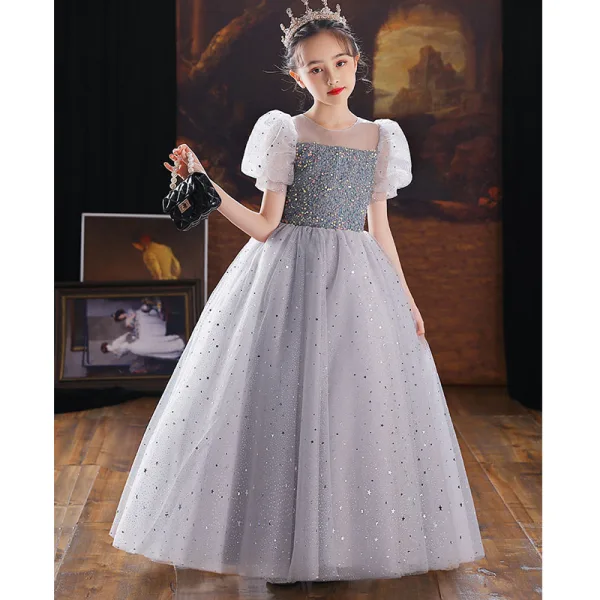Chic / Beautiful Grey Sequins Birthday Flower Girl Dresses Ball Gown 2022 Scoop Neck Puffy Short Sleeve Floor-Length / Long Flower Girl Dresses