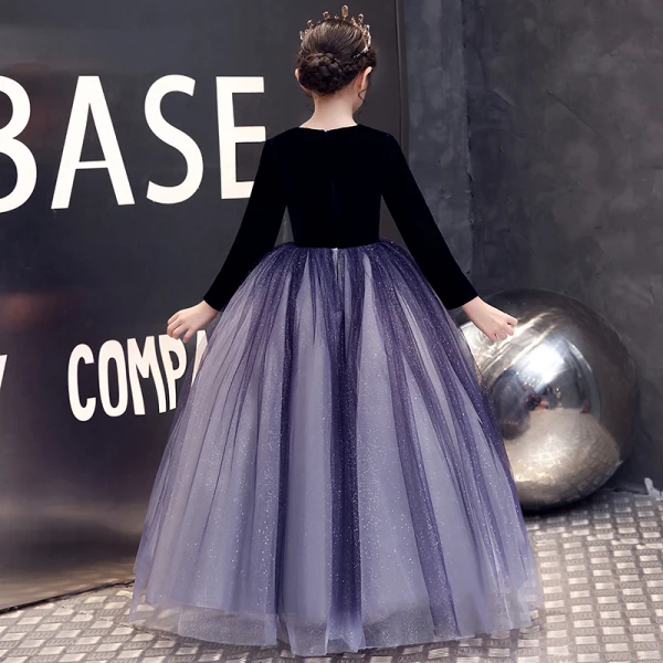 Elegant Ocean Blue Sequins Flower Girl Dresses 2022 Ball Gown Scoop Neck Suede Long Sleeve Floor-Length / Long Flower Girl Dresses