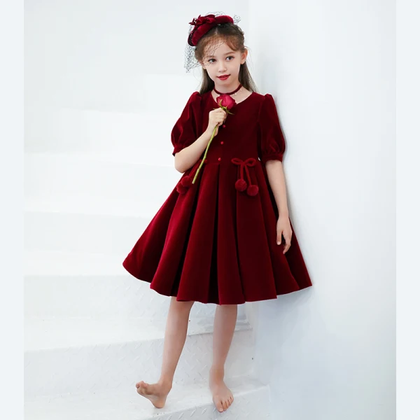 Chic / Beautiful Burgundy Suede Birthday Flower Girl Dresses 2022 A-Line / Princess V-Neck Short Sleeve Knee-Length Flower Girl Dresses
