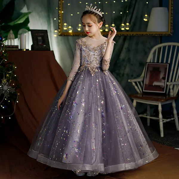 Fashion Grape Beading Pearl Rhinestone Sequins Birthday Flower Girl Dresses 2022 Ball Gown Scoop Neck 1/2 Sleeves Floor-Length / Long Flower Girl Dresses