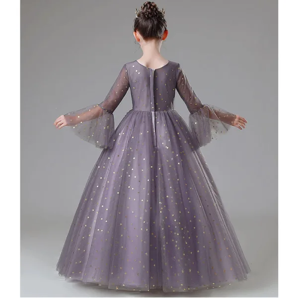 Elegant Lilac Beading Lace Flower Rhinestone Birthday Flower Girl Dresses 2022 Ball Gown Square Neckline Star Sequins Bell sleeves Floor-Length / Long Flower Girl Dresses