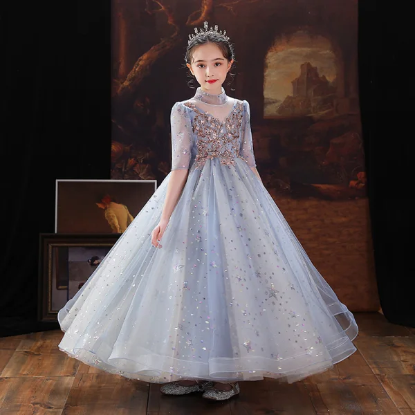 Chic / Beautiful Sky Blue Birthday Flower Girl Dresses 2022 Ball Gown High Neck Beading Sequins 1/2 Sleeves Floor-Length / Long Flower Girl Dresses