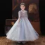 Chic / Beautiful Sky Blue Birthday Flower Girl Dresses 2022 Ball Gown High Neck Beading Sequins 1/2 Sleeves Floor-Length / Long Flower Girl Dresses
