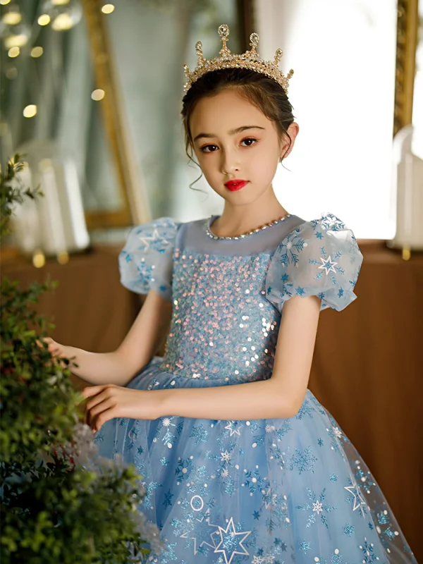 Chic / Beautiful Sky Blue Glitter Beading Sequins Birthday Flower Girl Dresses 2022 Ball Gown Scoop Neck Short Sleeve Knee-Length Flower Girl Dresses