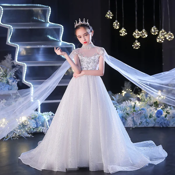 Chic / Beautiful White Beading Pearl Sequins Rhinestone Birthday Flower Girl Dresses 2022 Ball Gown High Neck Short Sleeve Chapel Train Flower Girl Dresses