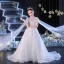 Chic / Beautiful White Beading Pearl Sequins Rhinestone Birthday Flower Girl Dresses 2022 Ball Gown High Neck Short Sleeve Chapel Train Flower Girl Dresses