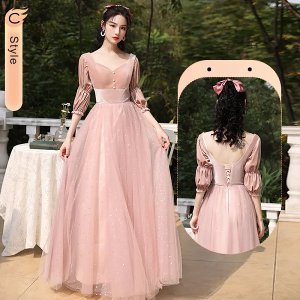 Chic / Beautiful Dusky Pink Suede Bridesmaid Dresses 2022 A-Line / Princess Pearl Sequins Long Sleeve Backless Floor-Length / Long Wedding Party Dresses